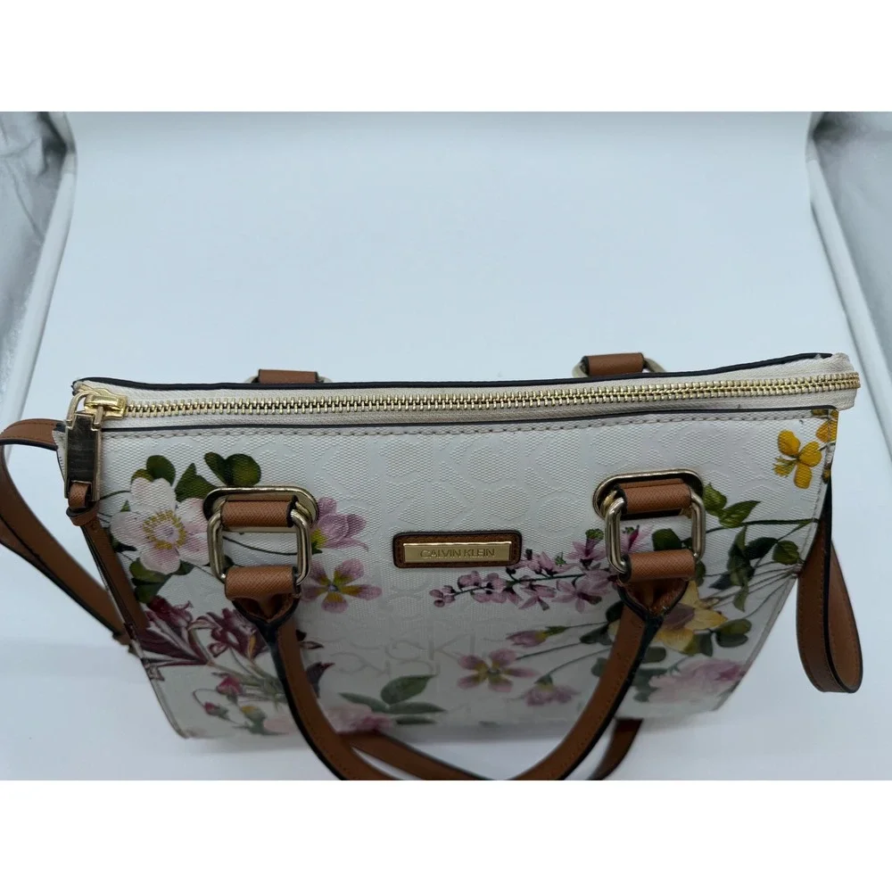 Calvin Klein Floral Logo Satchel Handbag White Crossbody Bag Gold‎ Hardware